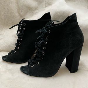 Schutz Ingry Womens Lace Up Peep Toe Heel Bootie Sandal Black Suede